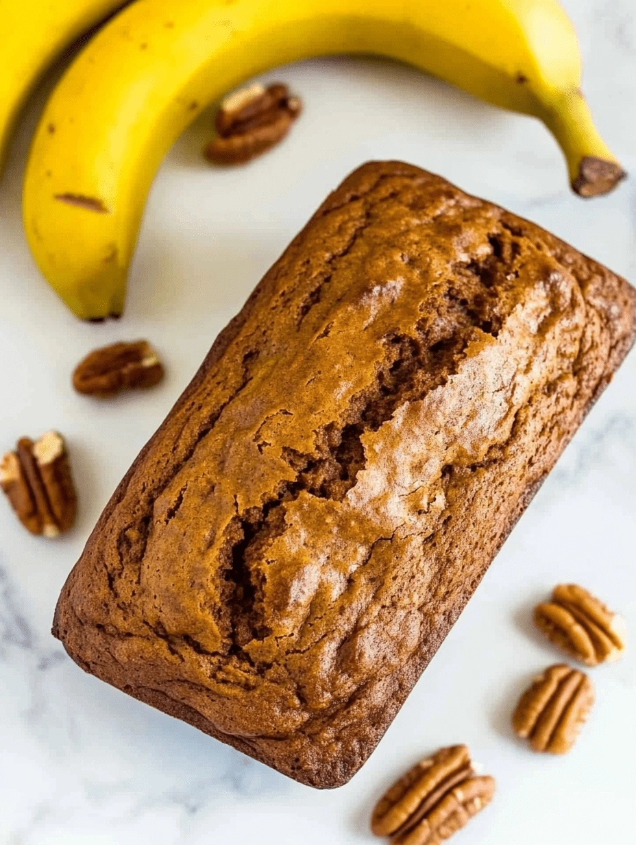 healthy-pumpkin-banana-bread-whole-loaf-bananas-pecans Overhead image of a whole healthy pumpkin banana bread loaf with cracked top crust, fresh bananas, and pecan halves on a light marble surface.