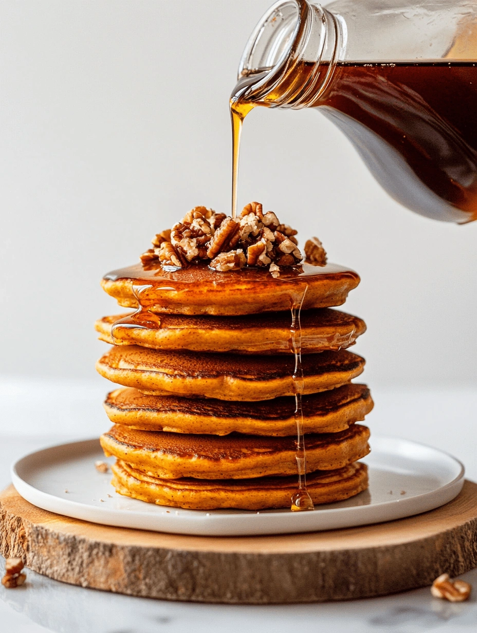 healthy-pumpkin-pancakes-pour Syrup being poured from a glass jar over a stack of pumpkin pancakes topped with pecans