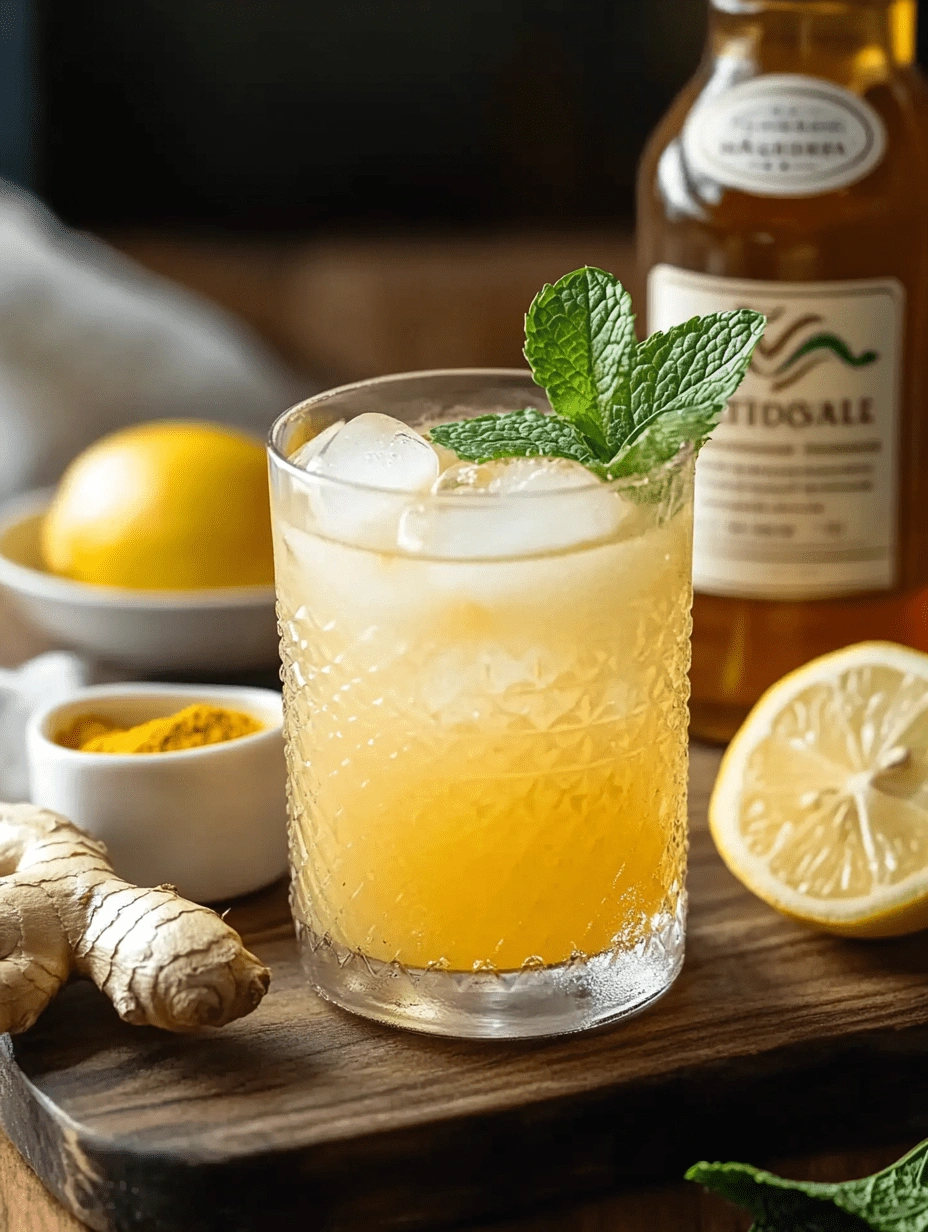 natural-mounjaro-recipe-detox-drink-lemon-ginger-mint Glass of Natural Mounjaro Recipe detox drink with lemon, ginger, mint, and ice on a wooden board.