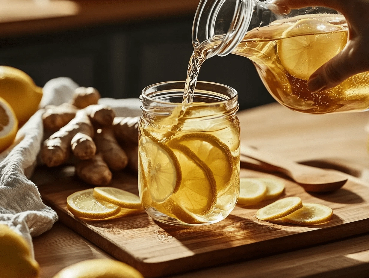 natural-mounjaro-recipe-honey-lemon-ginger-pour Pouring honey lemon ginger tonic into a mason jar filled with lemon slices on a wooden board.