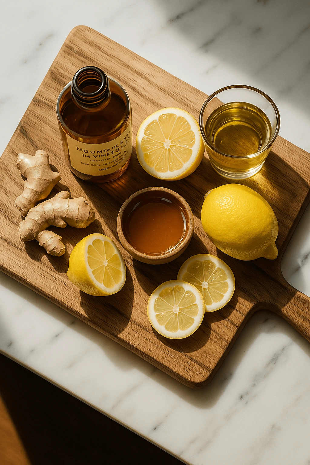 natural-mounjaro-recipe-ingredients-lemon-ginger-honey-vinegar Flat lay of Natural Mounjaro Recipe ingredients including lemon, fresh ginger, honey, and apple cider vinegar on a wooden cutting board.