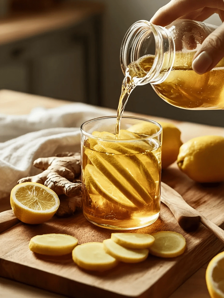 natural-mounjaro-recipe-lemon-ginger-tonic-pour Pouring herbal lemon-ginger drink into a glass filled with lemon slices on a rustic wooden board.