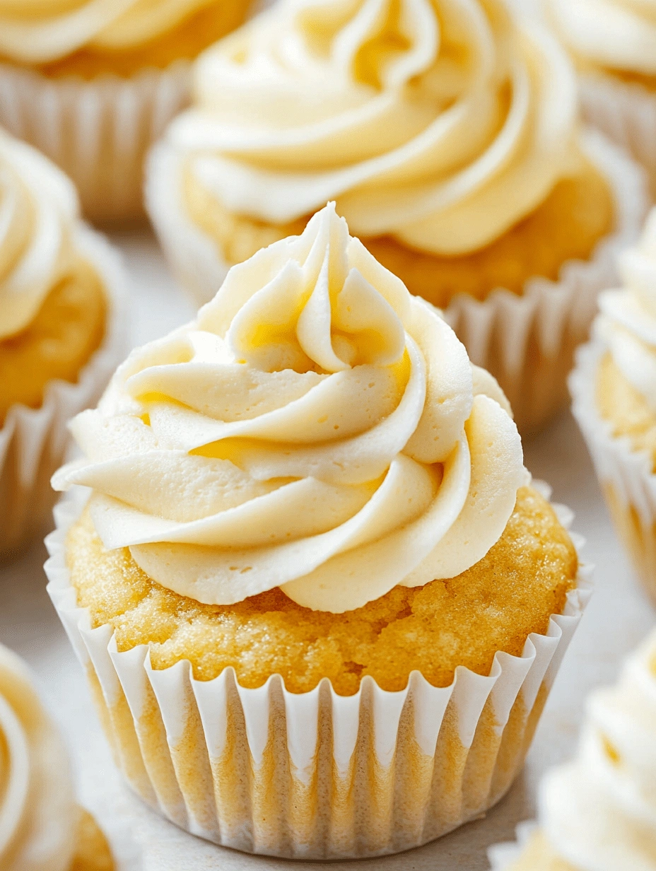 perfect-vanilla-cupcake-buttercream-swirls-closeup Close-up of a golden vanilla cupcake with piped buttercream frosting in a white paper liner.