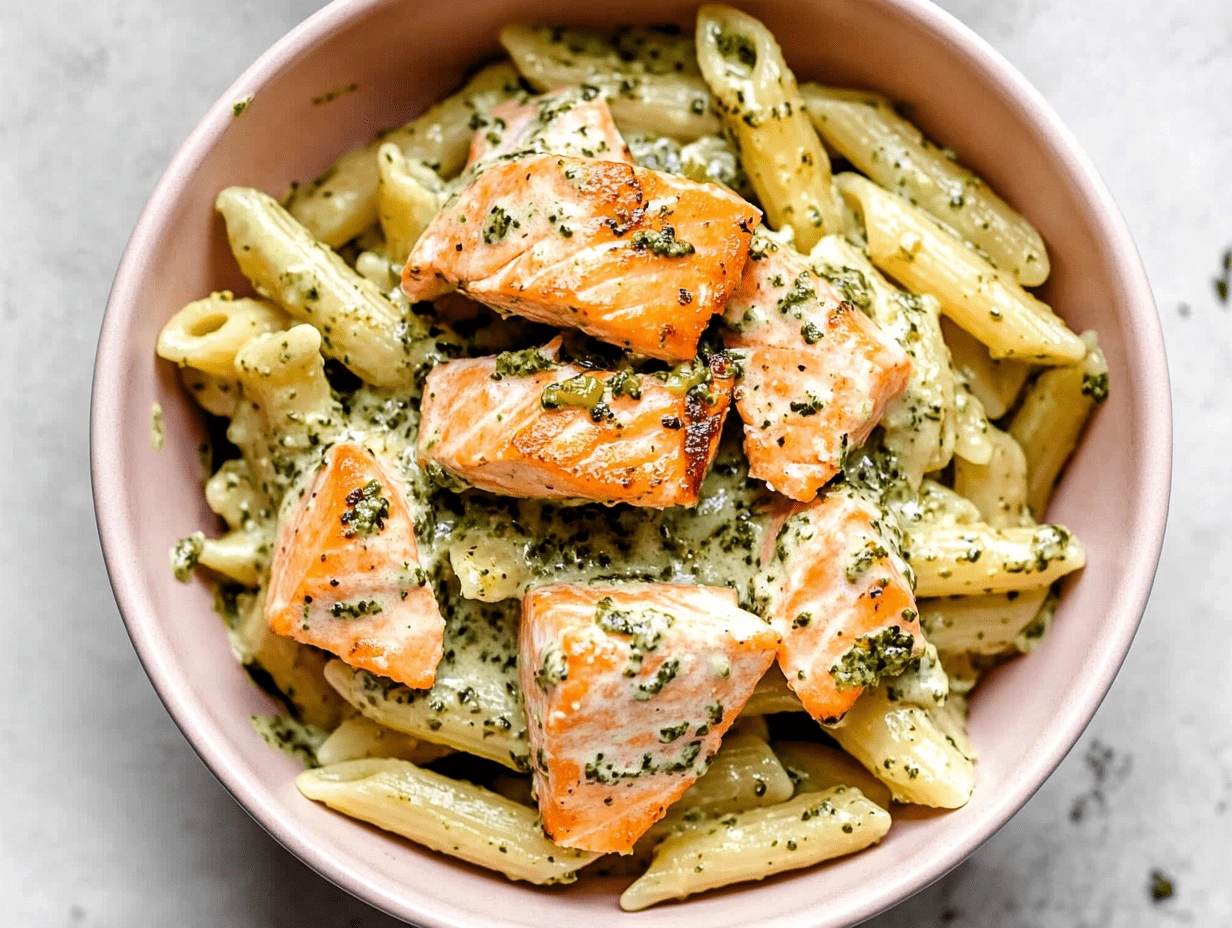 Top-down close-up of creamy pesto salmon penne pasta served in a blush pink bowl on a light gray background.