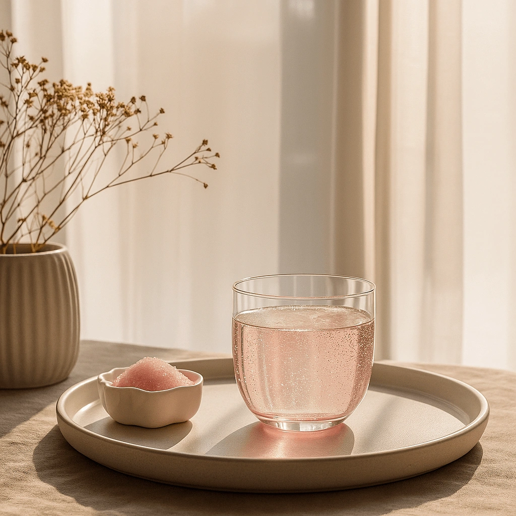 pink-salt-trick-recipe-mineral-drink-aesthetic Glass of pink mineral drink and pink salt in a bowl on a tray, representing the Pink Salt Trick Recipe