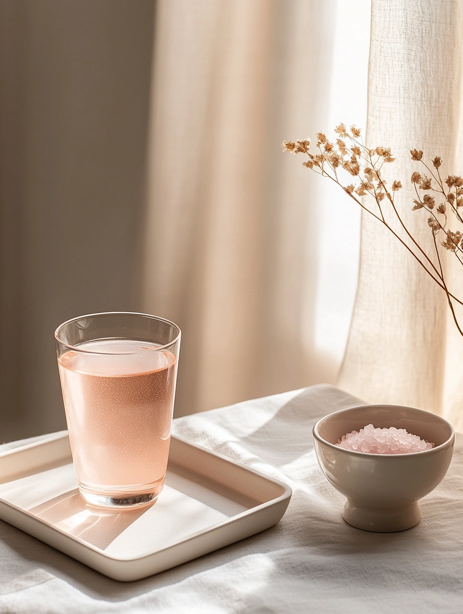 pink-salt-trick-recipe-scandinavian-wellness-scene Minimalist setup of pink salt trick recipe drink with Himalayan salt bowl and soft curtains in Scandinavian style