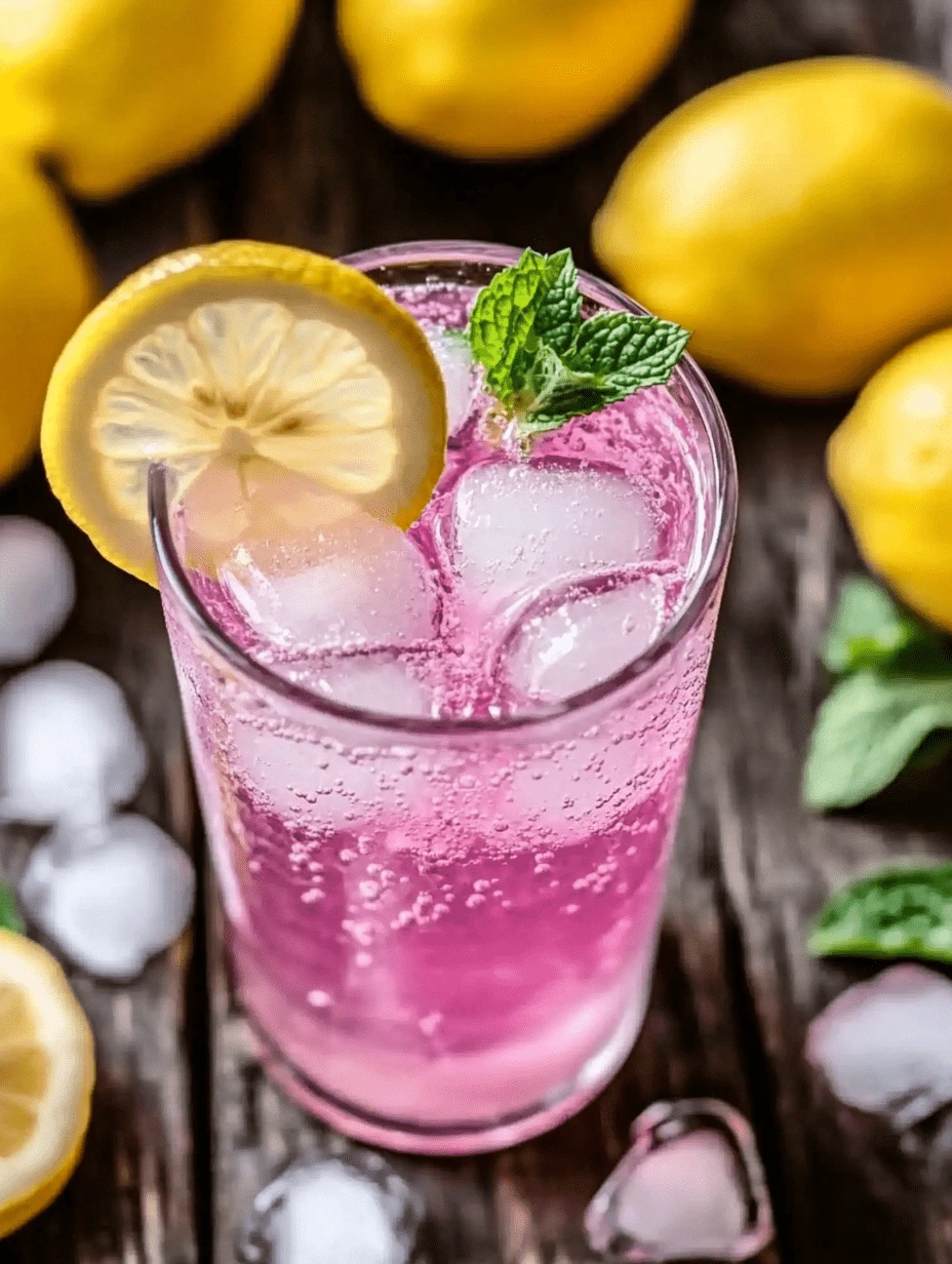 pink-salt-trick-recipe-sparkling-lemonade-drink Glass of pink sparkling drink with ice, lemon, and mint, inspired by the Pink Salt Trick Recipe