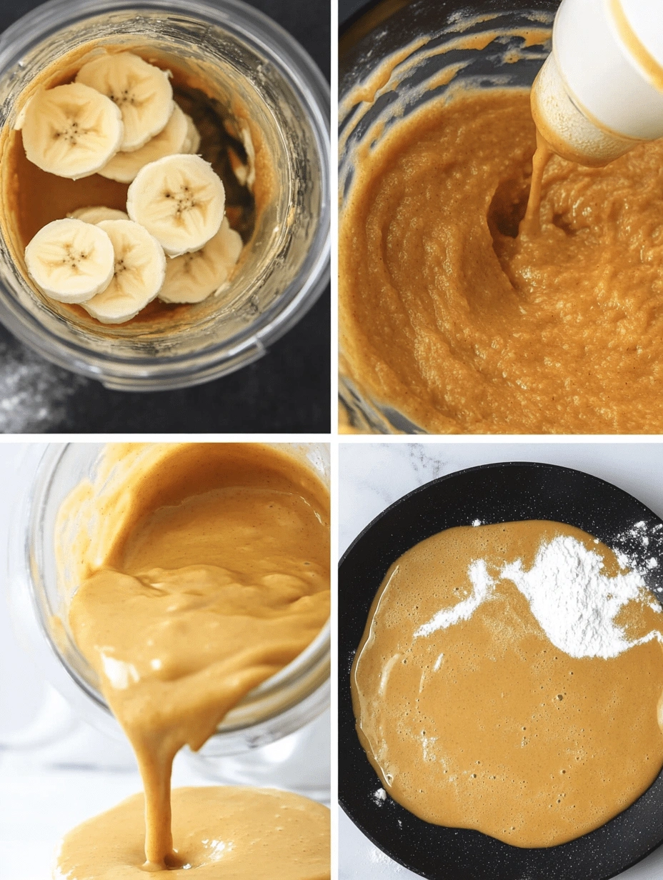 pumpkin-banana-pancake-batter-process Four-step process of making pumpkin banana pancake batter from blending to pan