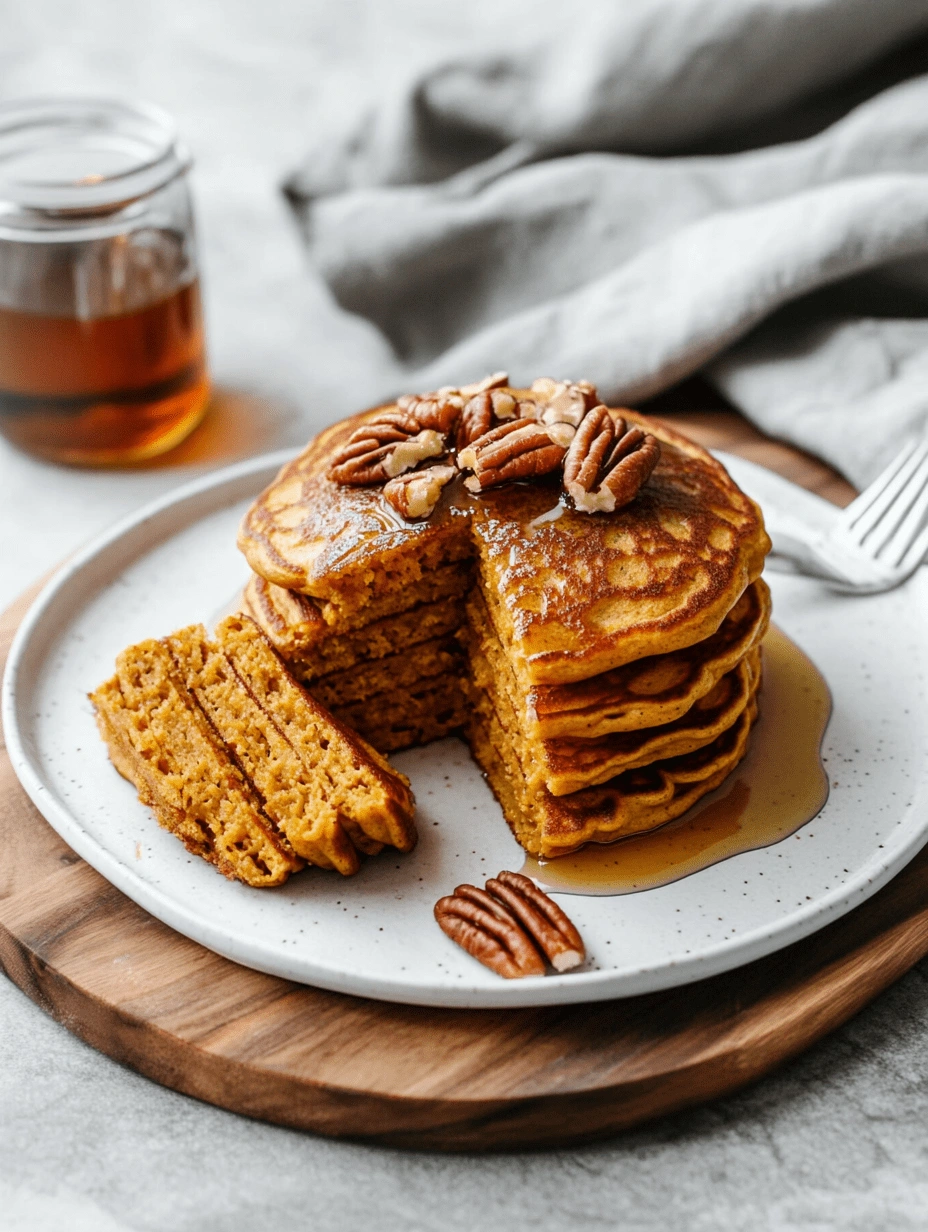pumpkin-pancake-slices-on-plate Pumpkin pancake stack with slices fanned out on a plate and maple syrup in the background