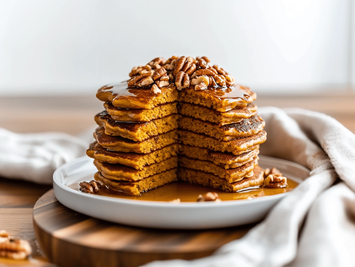 Horizontally sliced stack of pumpkin pancakes topped with syrup and pecans