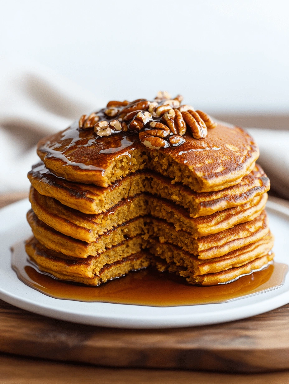 pumpkin-pancake-stack-cut-open Stack of pumpkin pancakes with a center slice removed and syrup pooled on the plate