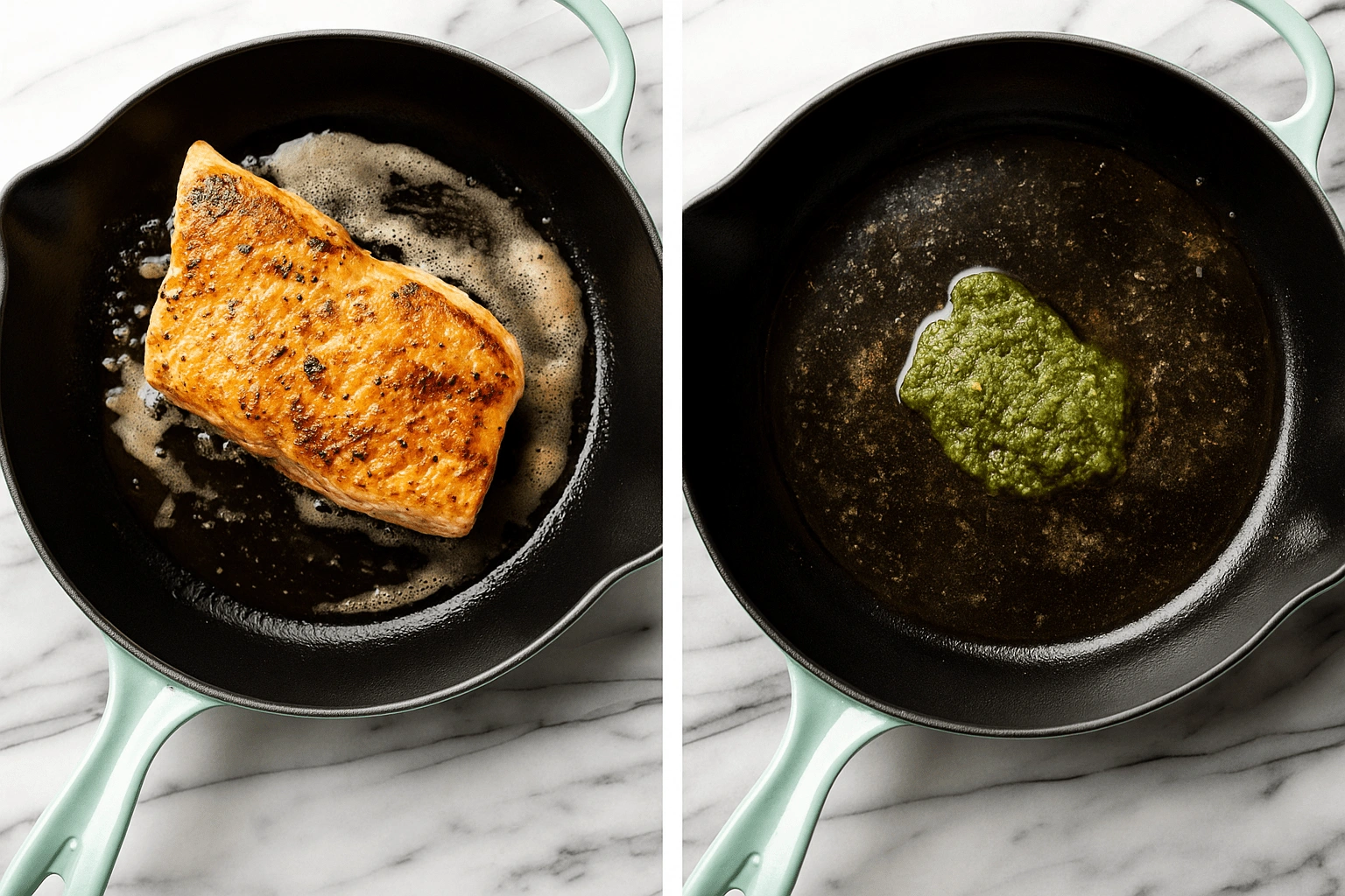seared-salmon-pesto-skillet-step-recipe Side-by-side cooking image showing salmon searing in a skillet on the left, and pesto added to the same pan on the right.