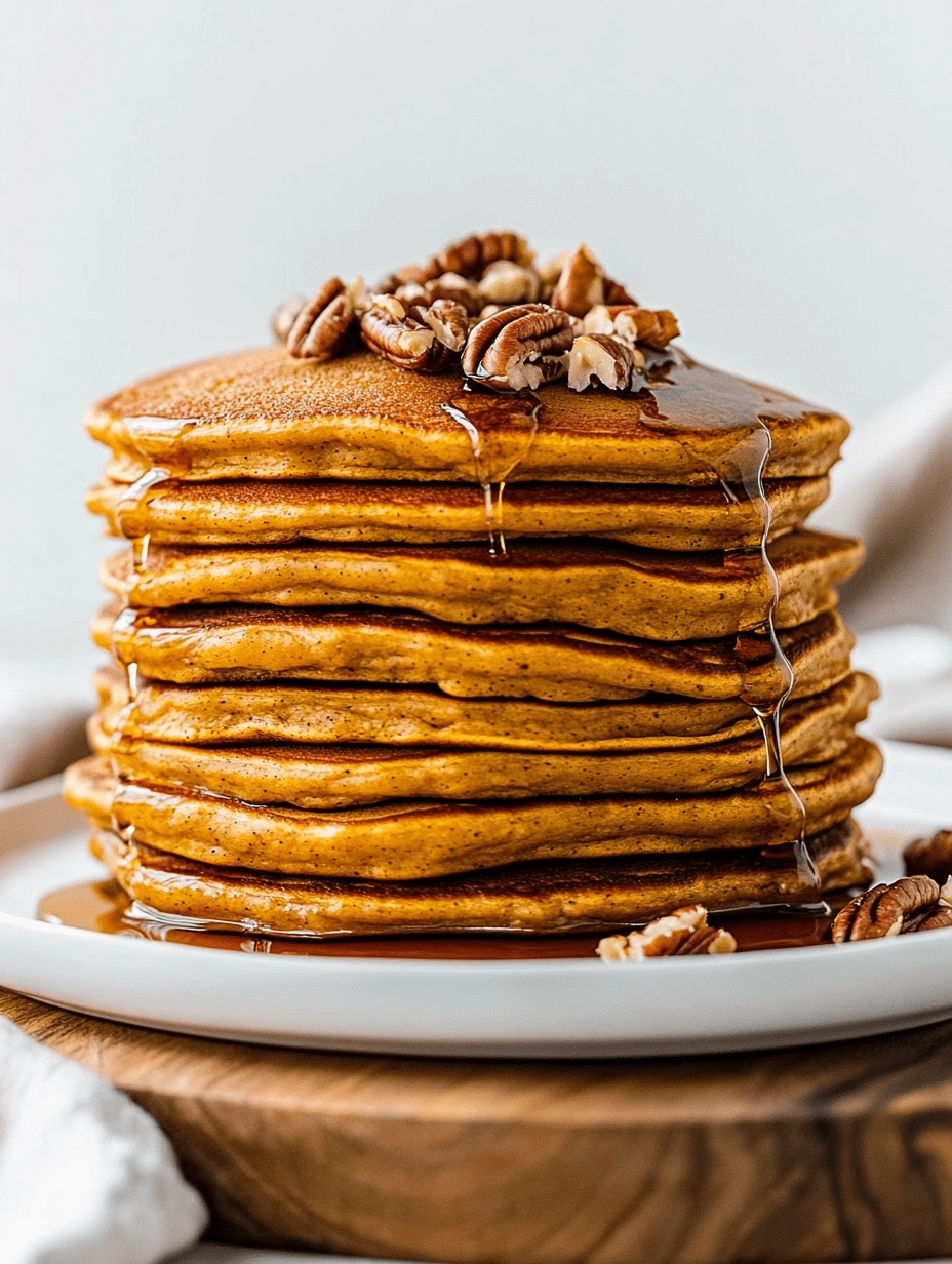stacked-pumpkin-pancakes-syrup-closeup Close-up of a tall stack of golden pumpkin pancakes with syrup and pecans on top
