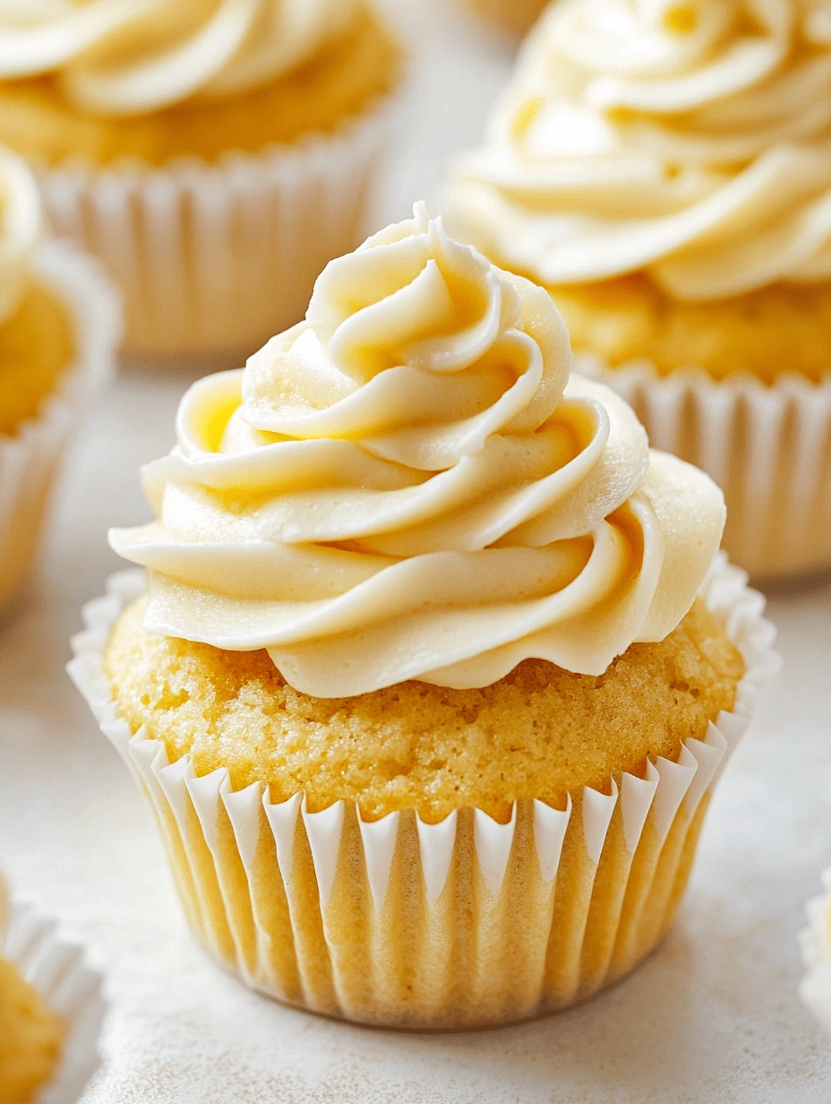 vanilla-cupcake-closeup-buttercream-swirls Golden vanilla cupcake with white cupcake liner and piped buttercream swirl, surrounded by more frosted cupcakes.