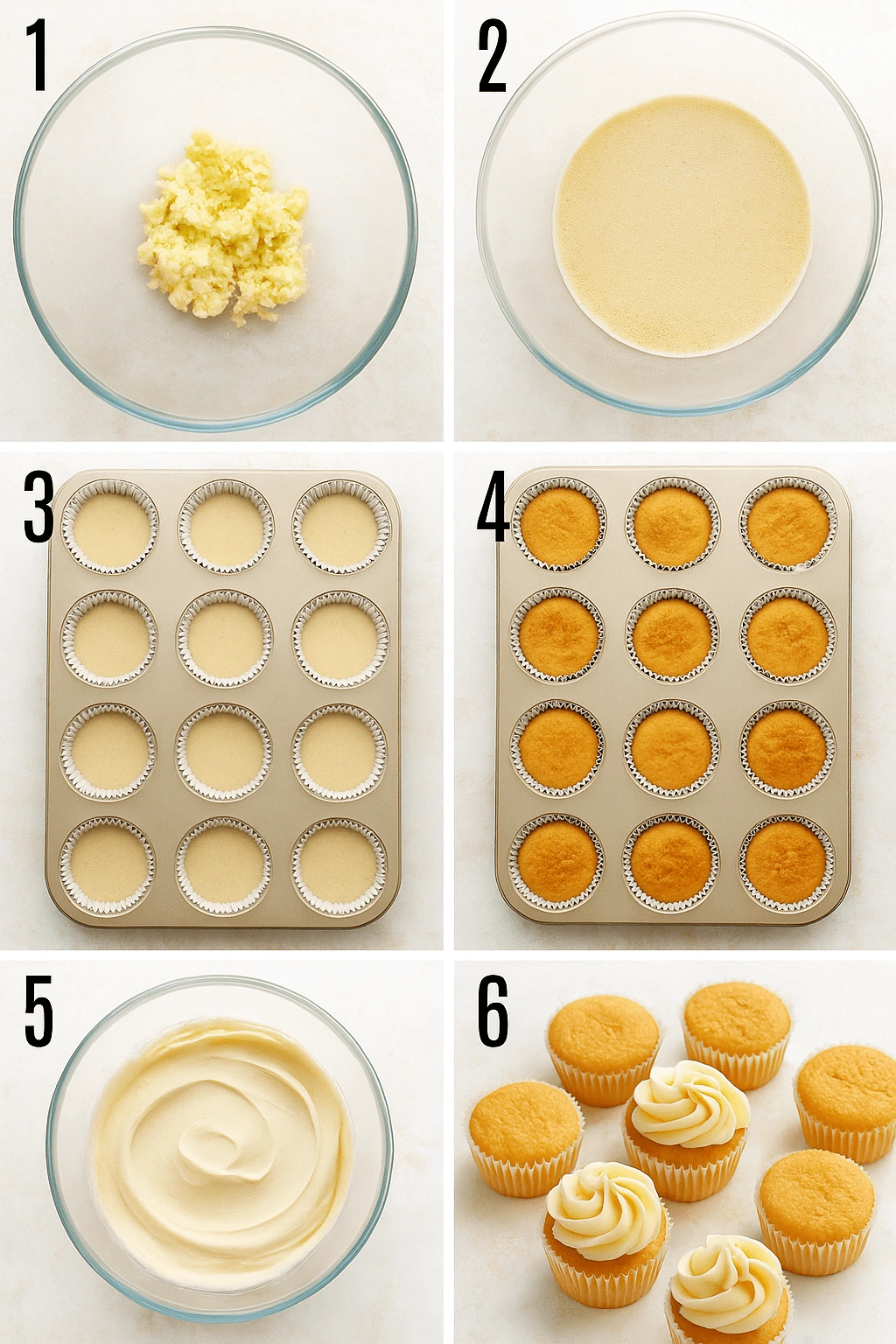 vanilla-cupcake-recipe-step-by-step-photo-guide Six-step image guide showing how to make vanilla cupcakes, including batter mixing, baking, and frosting.