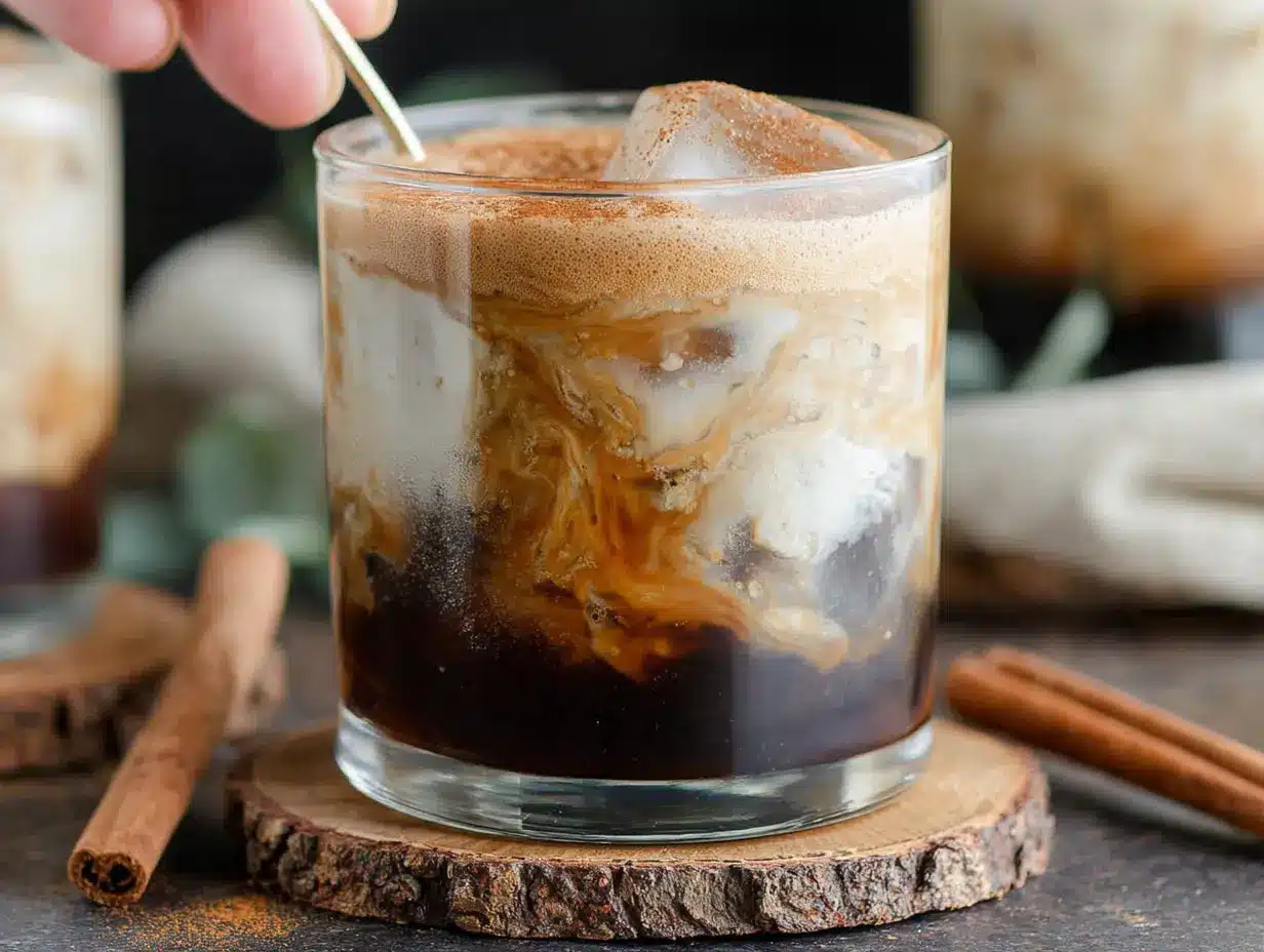 Banana Bread Latte with cinnamon and milk swirls in a glass